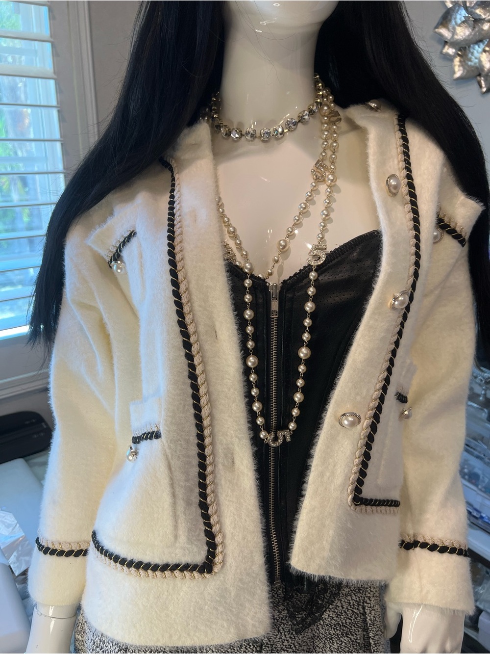 White Cardigan with Black Braid Trim & Pearl Buttons